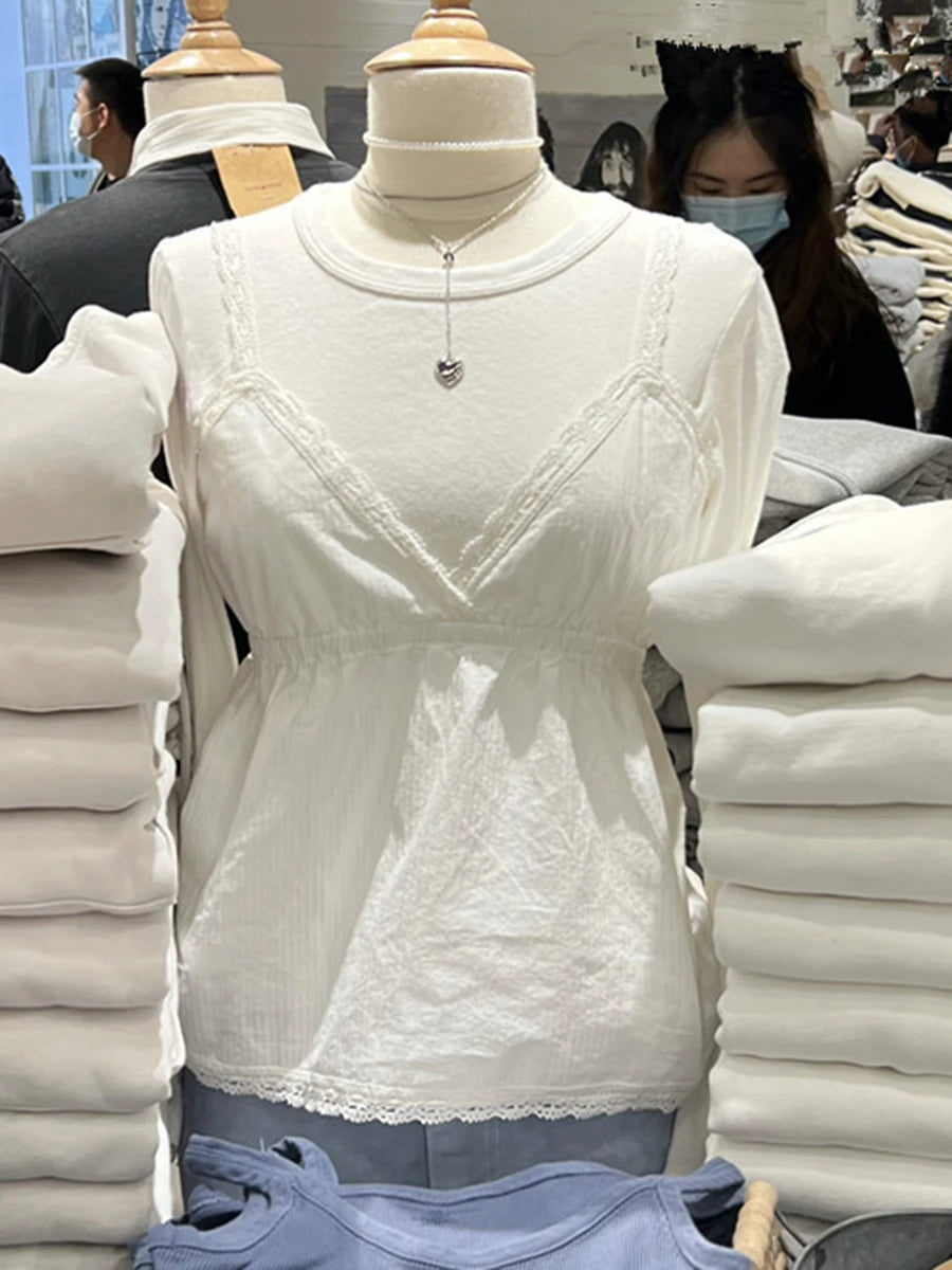 Stripes Lace Trim Top Women Sexy V Neck