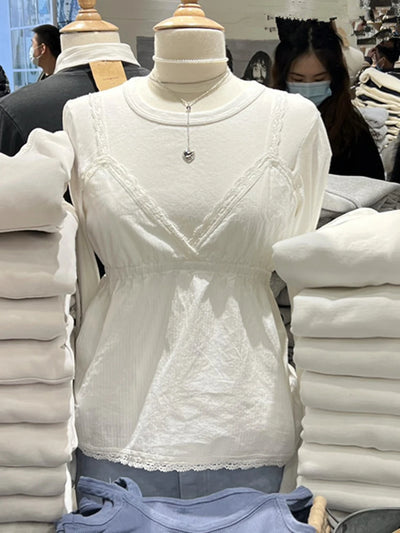 Stripes Lace Trim Top Women Sexy V Neck