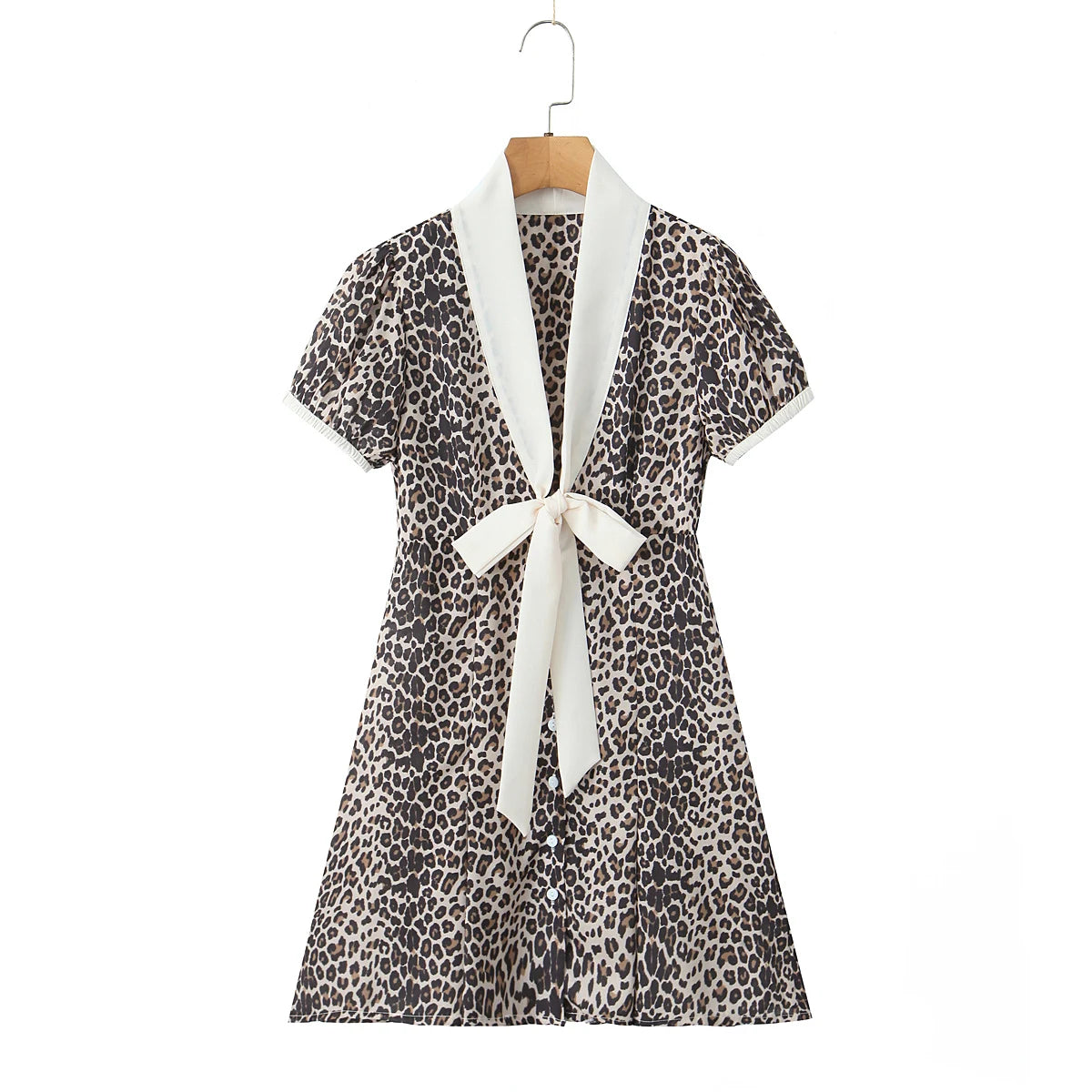 Elegant French style Women Animal Leopard Print Shirt Dress Contrast Color Tie Bow V neck Puff Sleeve Short Dresses Mini Robe