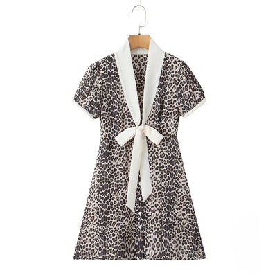 Elegant French style Women Animal Leopard Print Shirt Dress Contrast Color Tie Bow V neck Puff Sleeve Short Dresses Mini Robe