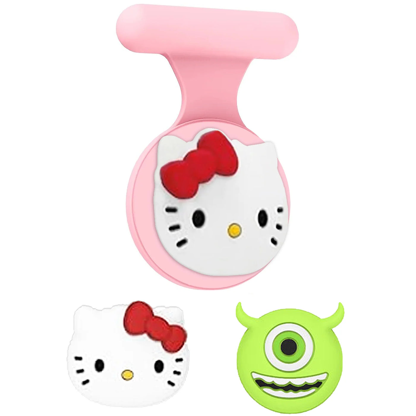 Hello Kitty pink retractable leash with red bow and green monster charm for AirTag holder