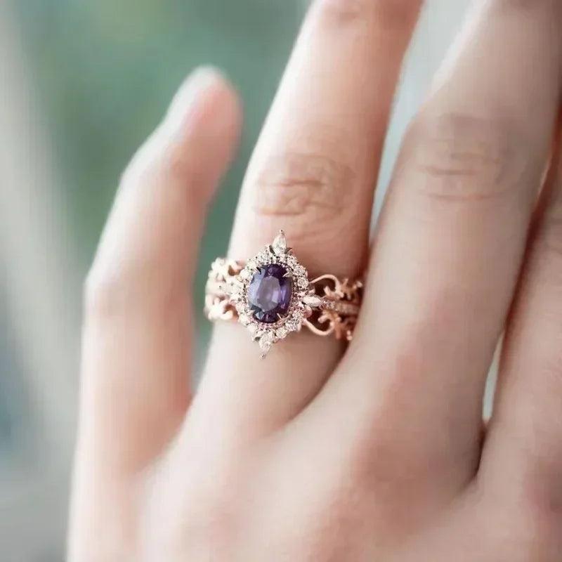 Luxury women rings rose gold color round purple stone party accessories gift