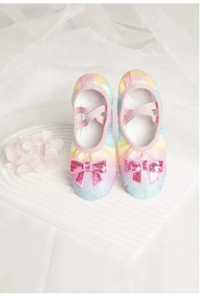 Children's Dance Shoes Girls Ballet Flats Shoes Rainbow Bow Sequins Leather Soft Soled Dance Performance Skate Sport Yoga Shoes