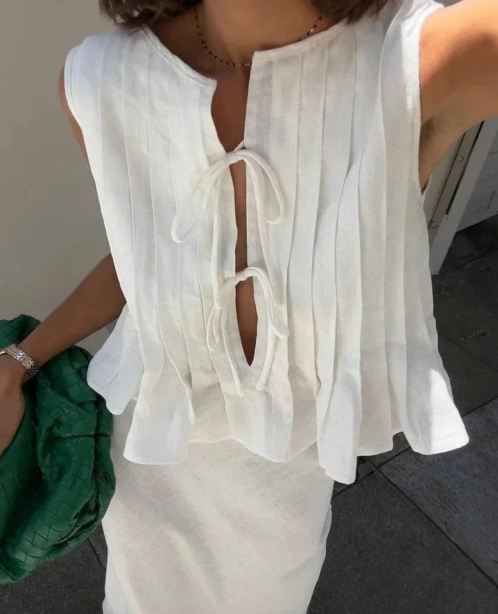 Fashion Bow Lace Up Linen Tops For Women