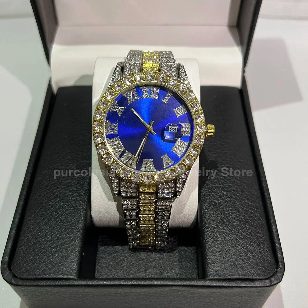 Personalized Hip Hop Watch with Shiny Rhinestones for Men, Luxury Clock, Band Length, Iced Steel Belt, 40mm Diameter Glass Dial