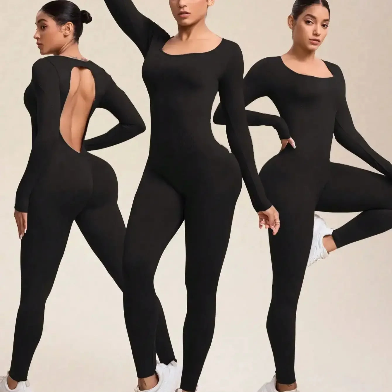 Women Jumpsuits Long Sleeve Sexy Backless Bodycon Rompers Scrunch Butt V Back Playsuit Workout Bodysuit