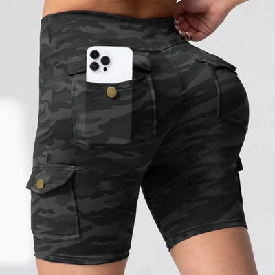 Camouflage Printed Women Shorts with 4 Pockets High Waist Butt Lifting Workout Tights Elastic Breathable Outdoor Running Shorts
