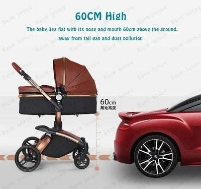 3-in-1 Luxury High-view Baby Stroller with Car Seat Foldable Newborn Baby Stroller PU Leather Two-way Baby Stroller