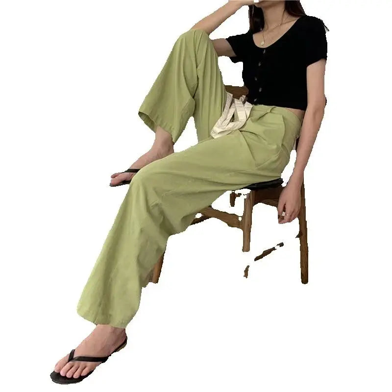 Spring Autumn Women Elegant Long Loose Pants Vintage Lady High Waist Wide Leg Cotton Pants Female Casual Street Pants Bottoms