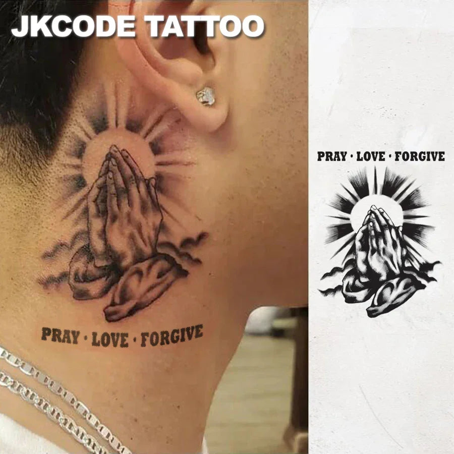 Temporary Tattoos, Sketch tattoo, Holy Maria, Pray & Love, Waterproof,Botanical, hand Tattoos, Magic Tattoos, Lasts 1-2 Weeks