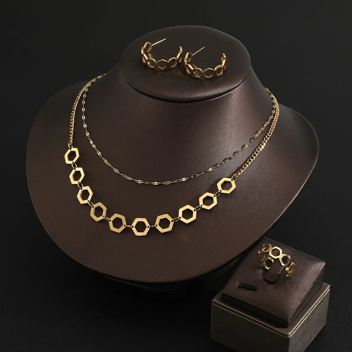 Fine Jewelry Set Stainless steel double layer clavicle chain Necklace+Earrings + Ring Gold Jewelry Sets For Women  Charm Jewelry