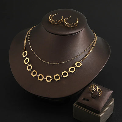 Fine Jewelry Set Stainless steel double layer clavicle chain Necklace+Earrings + Ring Gold Jewelry Sets For Women  Charm Jewelry