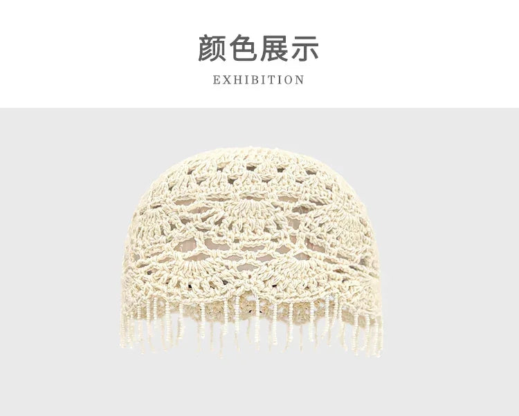 Personalized Beaded Fringed Knitted Beanies for Women Summer Autumn Thin Hollow Versatile Casual Retro Ethnic Style Pullover Hat