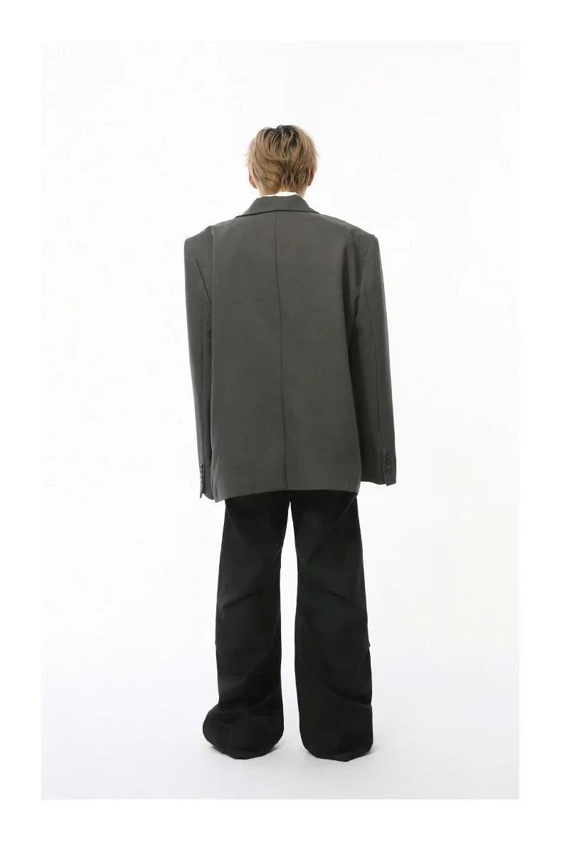 IEFB Korean Style Men's Blazers Double Breasted Shoulder Padded Tops Turn-down Collar Solid Color Loose Male Suit Jackets 9C8669