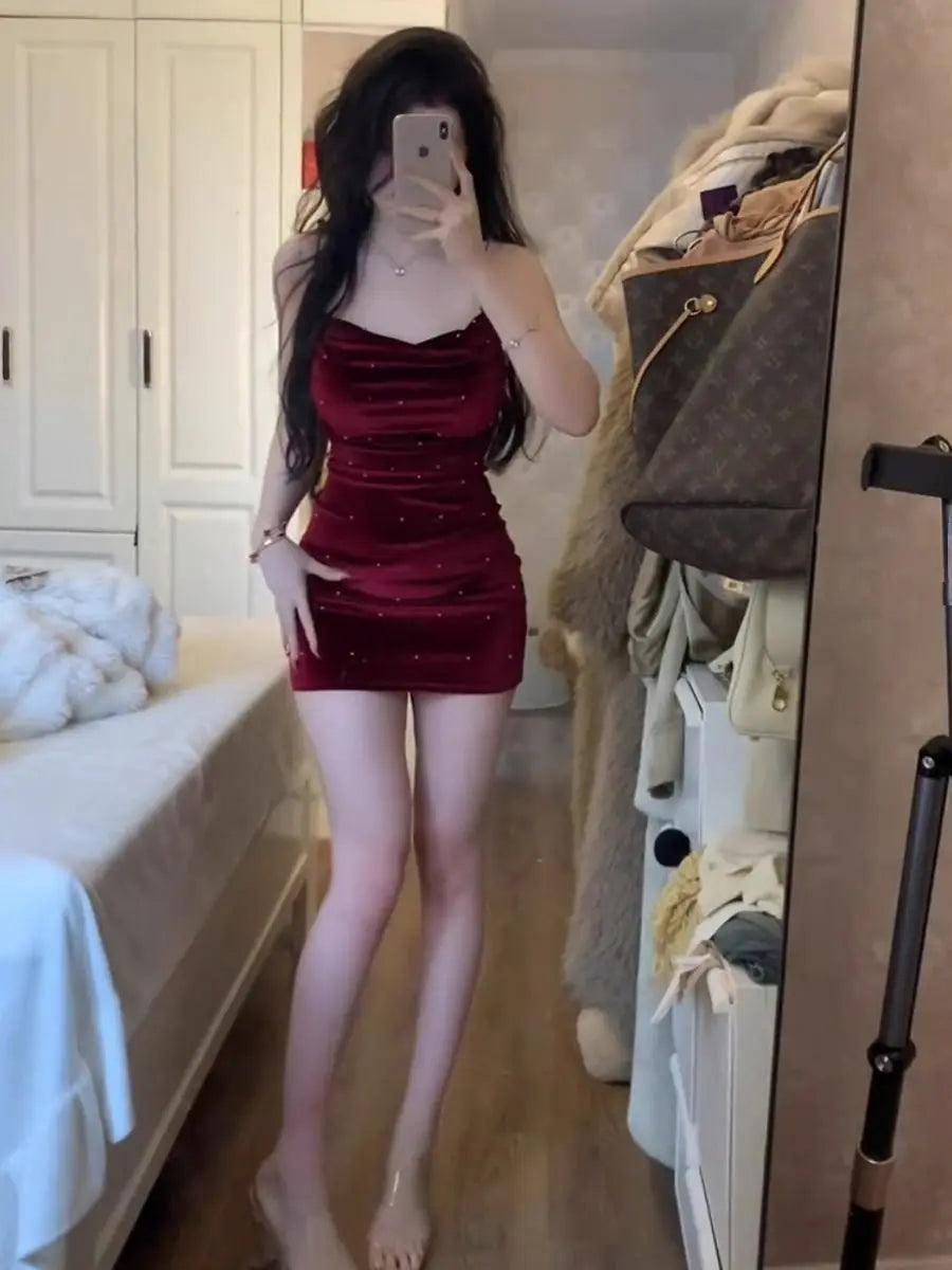 Velvet Suspender Dress for Women Spring Hip-pack Skirt Bright Diamond Splicing Inner Skirt