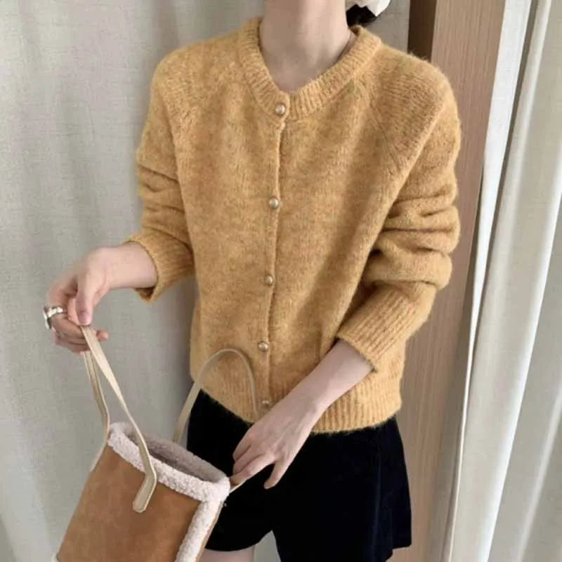 Autumn Winter Women's Knitted Jacket Solid Color Fuzzy Long Sleeve Button Sweater Cardigan Casual O-Neck Loose Soft Knitwear