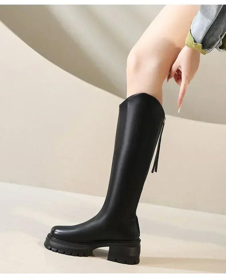 Long tube boots for women 2025 winter new height increasing knight thick heel retro versatile women’s