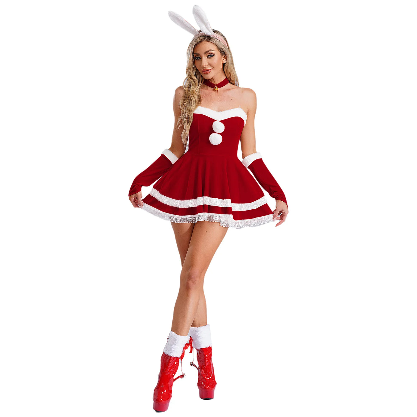 Women Sexy Lingerie Christmas Costume A-line Cami Dress with Arm Sleeves Choker Headwear Carnival Rave Party Role Play Clubwear