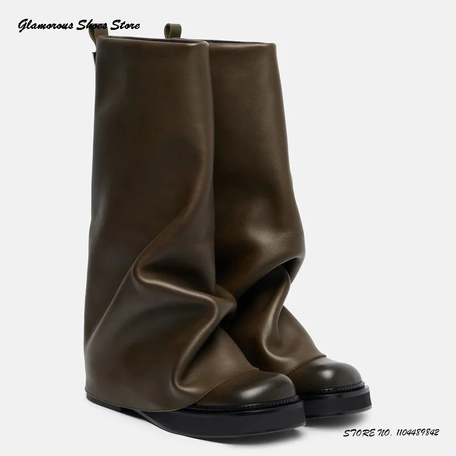 Pleated Suede Knee-high Boots Women's Spring Autumn Pull On Trending Shoes Round Toe Flat with Wide Shaft Runway Modern Boots