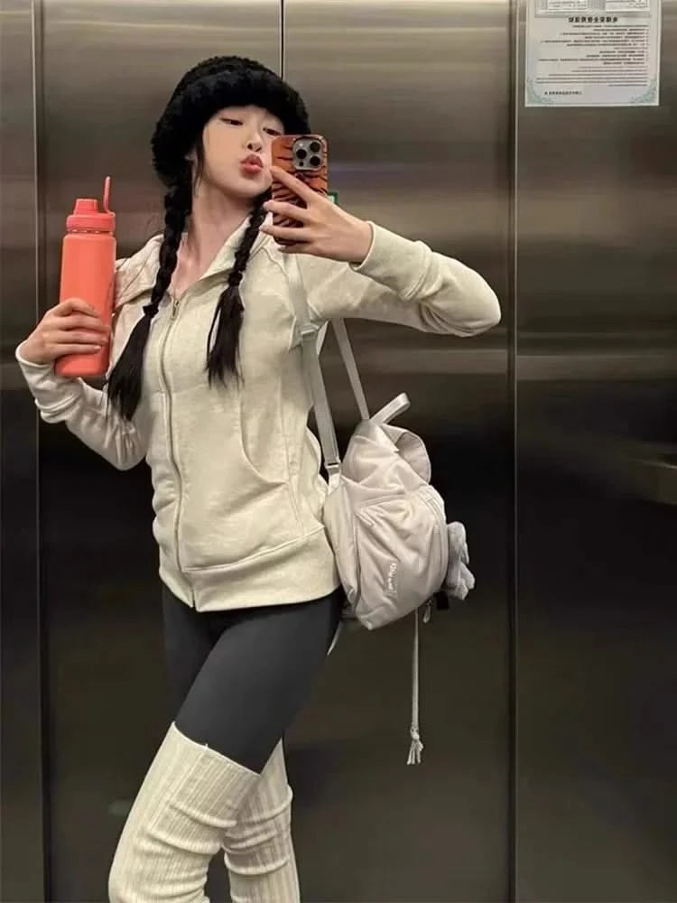 Deeptown American Vintage Cropped Hoodies Women Korean Style Streetwear Grey Zip Up Hooded Sweatshirt Casual Y2k Slim Hood Shirt