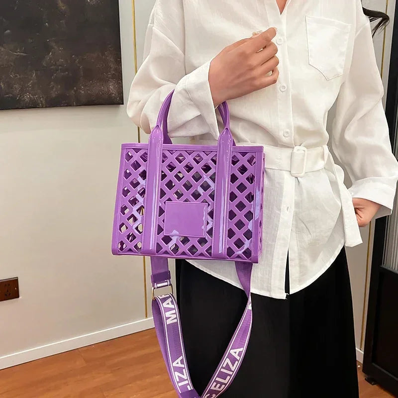 Designer Tote Bag For Women Brand Hollow Out Shoulder Bag 2025 New Travel Beach Handbag Purple Bag Fashion Shopper Purse