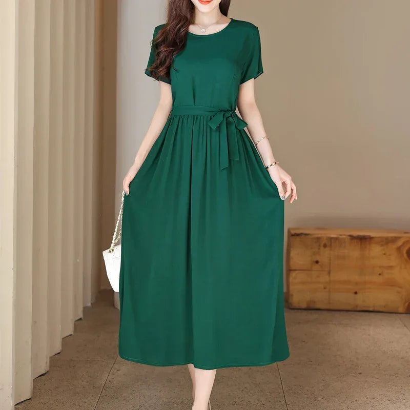 New Fashion Summer Dresses For Women 2025 Elegant Casual Short Sleeve Midi Dress Soild Colour Women Clothing