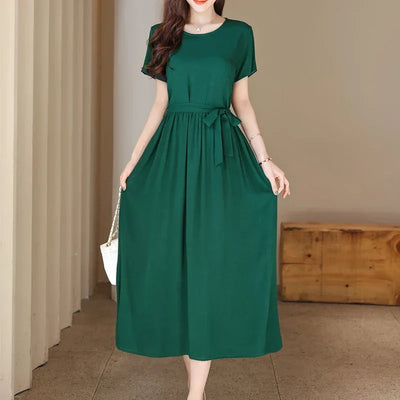 New Fashion Summer Dresses For Women 2025 Elegant Casual Short Sleeve Midi Dress Soild Colour Women Clothing