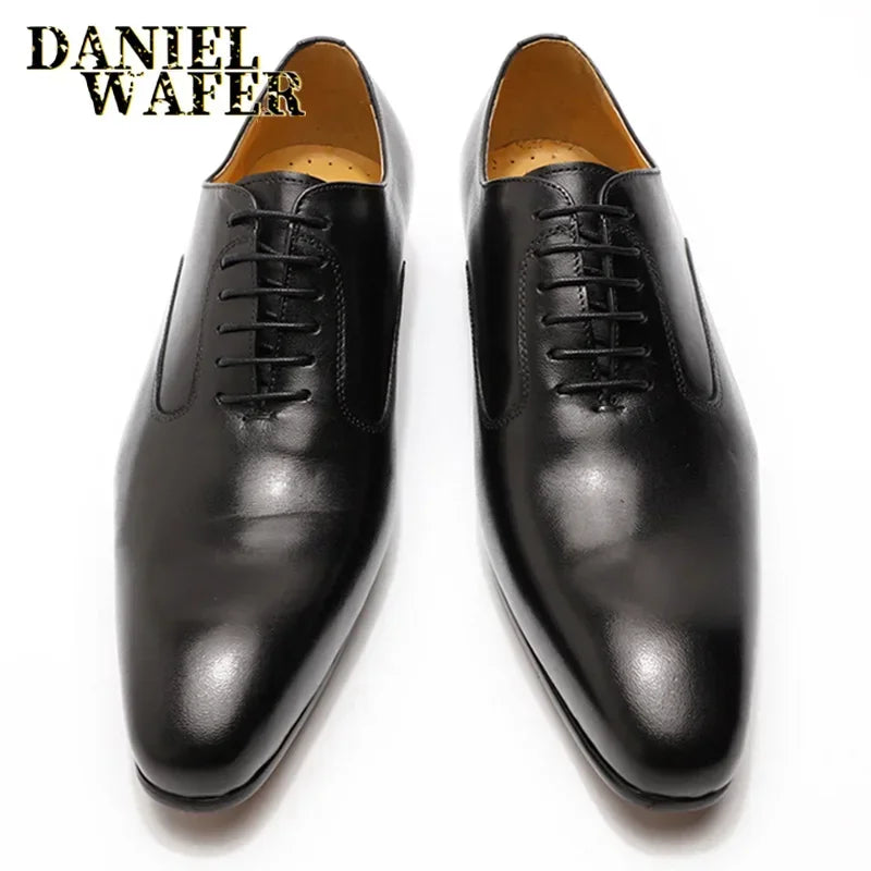 Luxury Brand Men's Oxford Shoes White Black Brown - Dress Office Wedding Formal Lace-Up Pointed Toe Leather Shoes