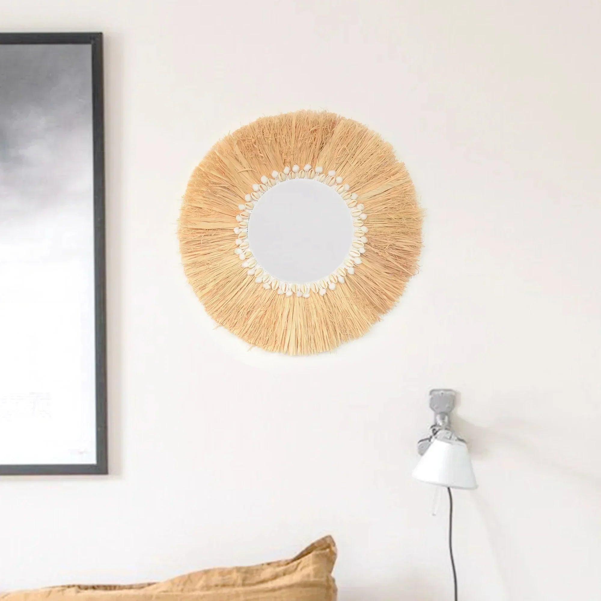 Boho home furnishing forest raffia decorative wall mirrors woven shell small yarn balltapestry living room decor mirror