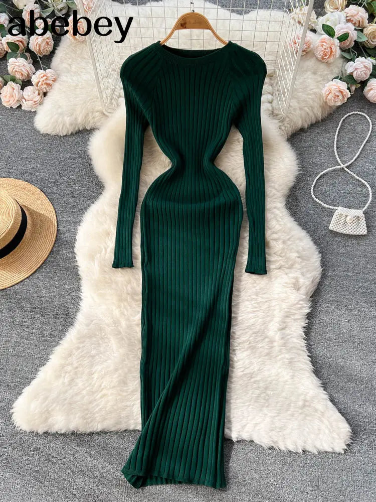 Women Autumn Knitted Dress O Neck Sexy Slim Elastic Oversized Basic Bodycon Long Dress Winter knit Warm Sweater Dresses