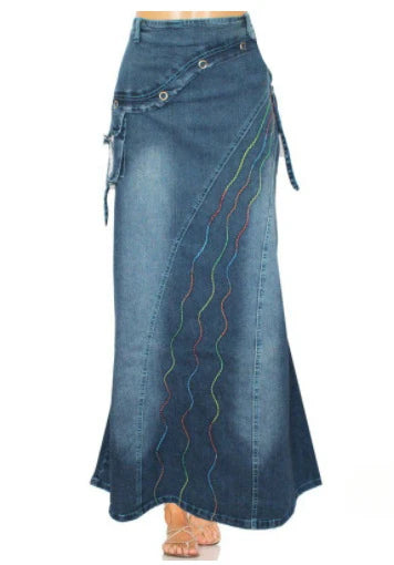 Long Skirt High Waist Vintage Print Women 2024 Autumn Temperament Patchwork Pocket Big Swing Female Denim Fishtail Skirts