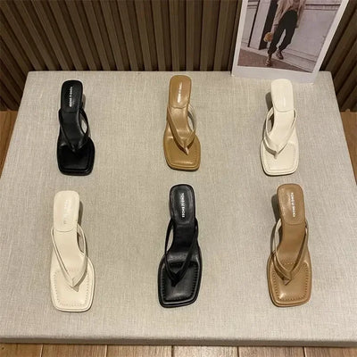 Flip Flops Women Summer Outside New Square Head Slim Heel Sandals Fashion Clip Toe Slippers Women Sandals Pantuflas De Mujer