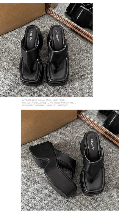 Women's Summer Outdoor Platform Sandals Flip Flops High Heel Thi Bot Clog oes Heightening Slippers Korean Sle PU Mat...