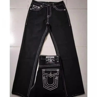 American style trendy jeans men religious Buddha loose denim pants thick line straight leg casual high street jeans men clothing