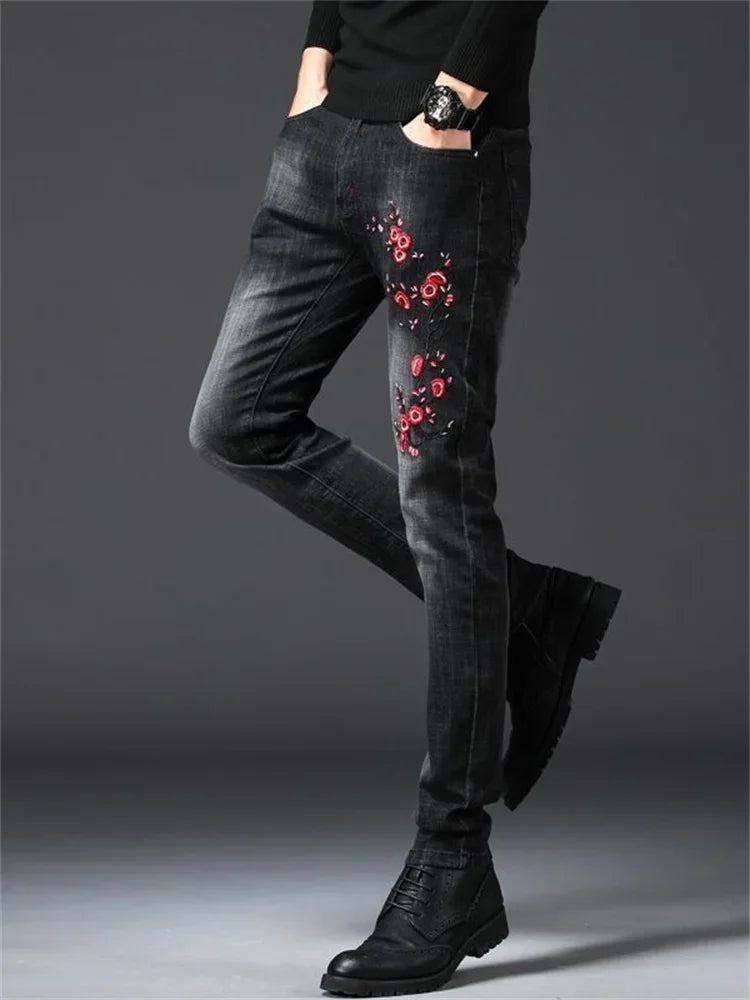 Men's Chinese Dragon Embroidery Jeans Fashion Kylin Embroidered Slim Pencil Pants Stretch Denim Trousers jeans for men pants