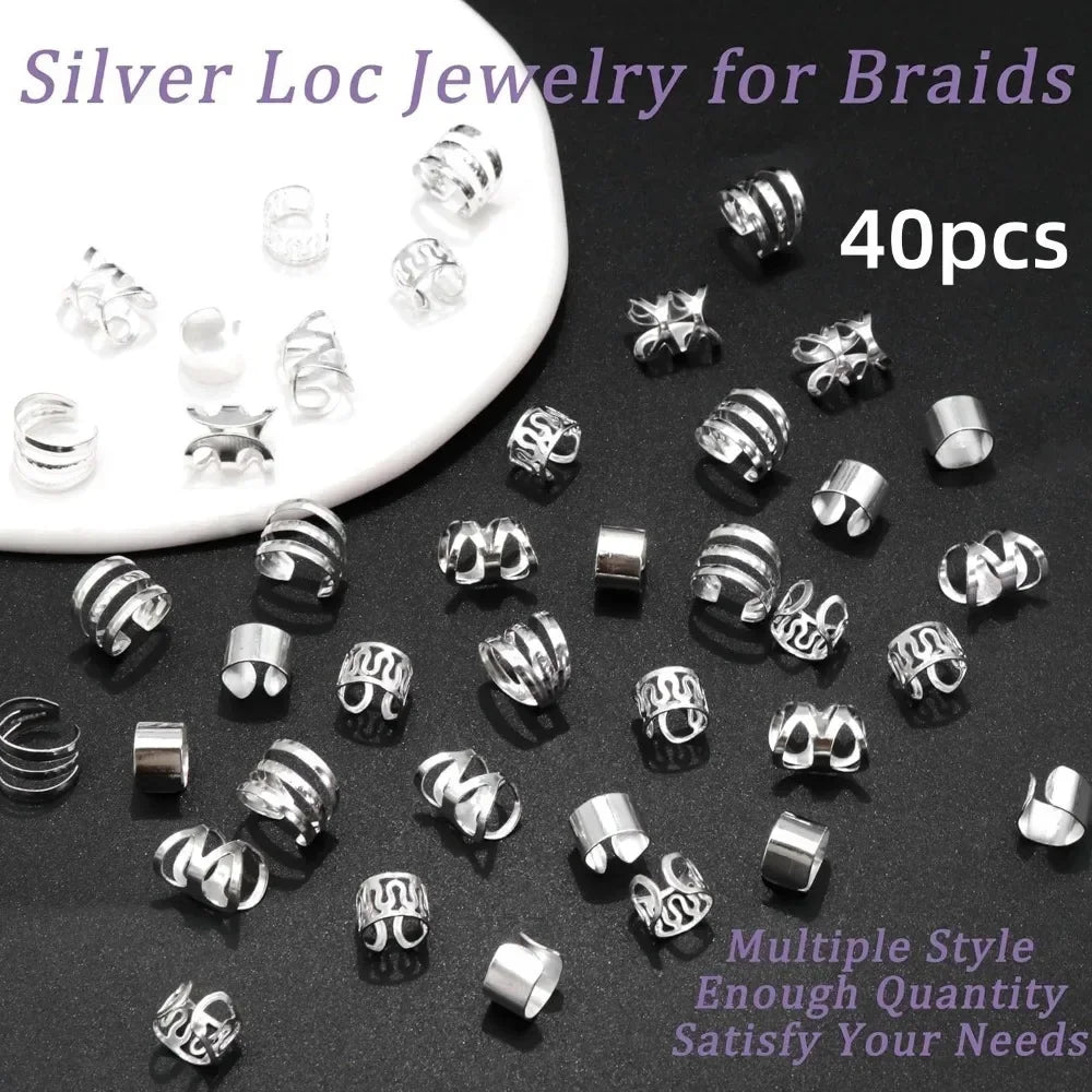 40PCS Hair Jewelry for Braids Gold Hair Cuffs Multi Style Rings Adjustable Hair Beads for Braid Loc Dreadlock Accessories
