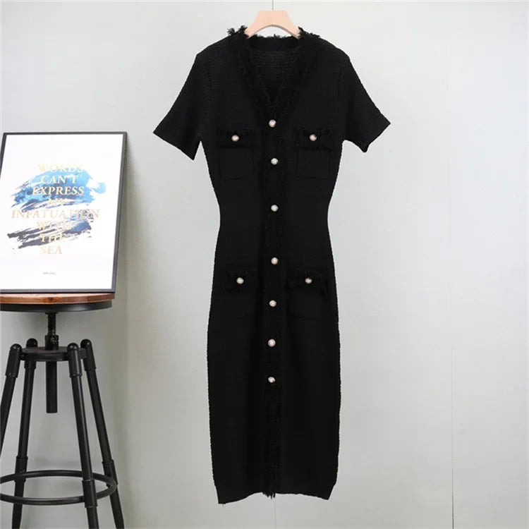 Summer Women Simple White Black Dresses Office Sheath Pencil Midi Dress Elegant Knitted Bodycon Party Casual Vestido