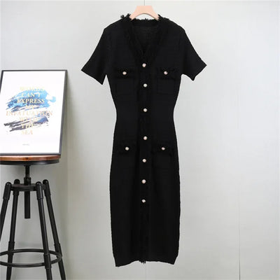 Summer Women Simple White Black Dresses Office Sheath Pencil Midi Dress Elegant Knitted Bodycon Party Casual Vestido