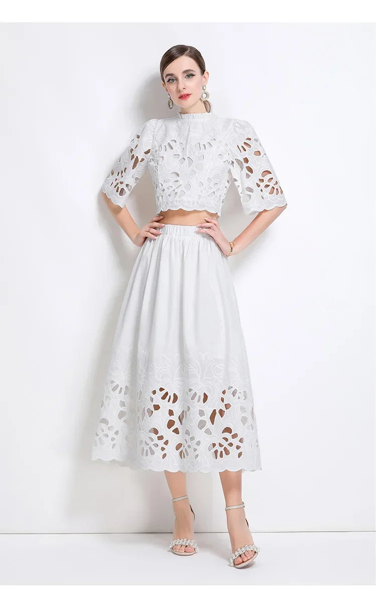 Summer Short Sleeve A-LINE Set Skirt for Women Fashion Ruffled Collar Embroidery Set Skirt Women Vestidos De Verano Mujer Q344