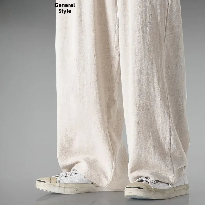Summer Large Size Linen Cotton Wide Leg Pants Men Casual Comfortable Loose Fit Straight Leg Trousers Long Pants
