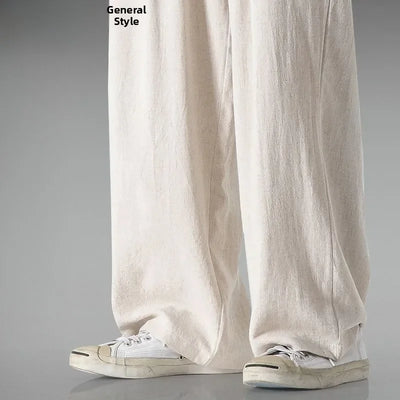 Summer Large Size Linen Cotton Wide Leg Pants Men Casual Comfortable Loose Fit Straight Leg Trousers Long Pants