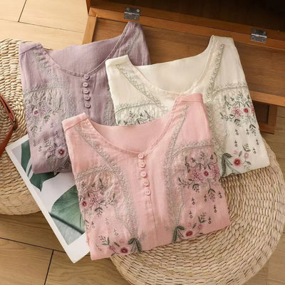 Linen V-neck EmbroideryTop For Women
