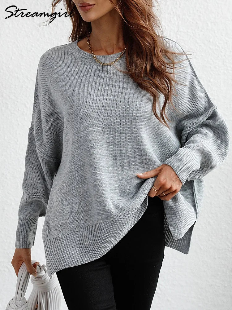 Fashion Oversized Sweaters For Women 2025 Autumn Loose O Neck Knit Sweater With Split Pull Knitted Pullover Women Oversize Grey