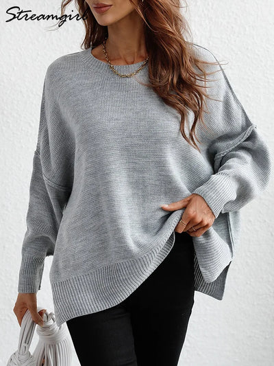 Fashion Oversized Sweaters For Women 2025 Autumn Loose O Neck Knit Sweater With Split Pull Knitted Pullover Women Oversize Grey