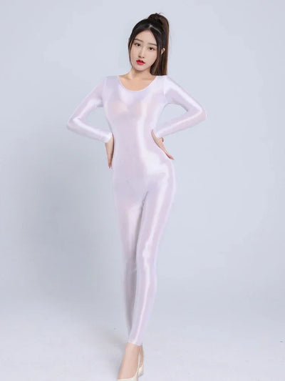 Women's Sexy Yoga Shaper Jumpsuit Dance SM Wear Oil Glossy High Elastic Long Sleeves Bodysuit Sheer Slip Satin Slimming Tights