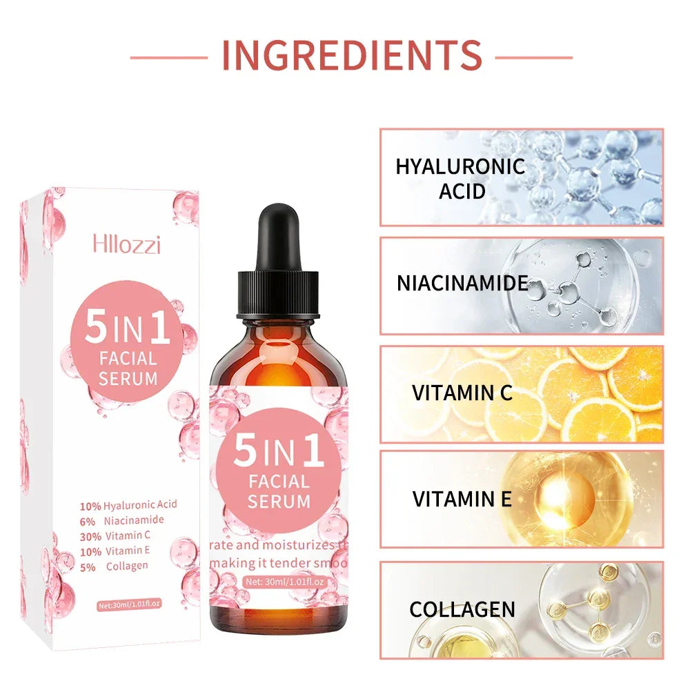 5 In 1 Fade fine lines Firming Face Serum Moisturizing brightning Vitamin C Hyaluronic Acid Facial Serum Shrink Pores Skin Care