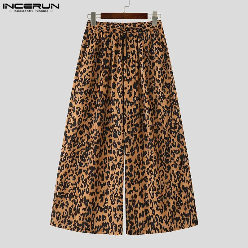 Men Wide Leg Pants Leopard Printing Drawstring Joggers Casual Trousers Men Streetwear 2025 Oversize Pleated Long Pants INCERUN