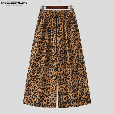 Men Wide Leg Pants Leopard Printing Drawstring Joggers Casual Trousers Men Streetwear 2025 Oversize Pleated Long Pants INCERUN