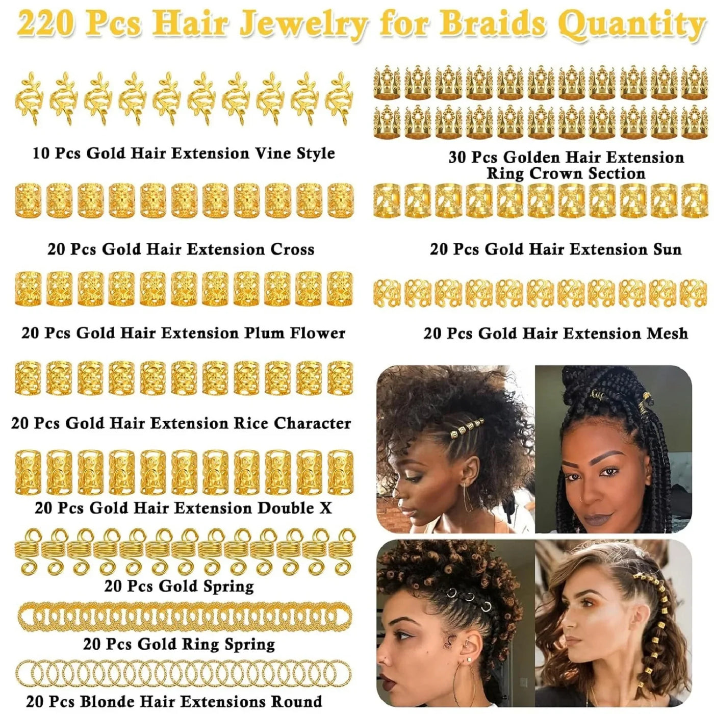 220 Gold-Plated Hair Accessories Woven Jewelry Women's Hair Accessories Trendy Hairstyles Fashionable Metal Hair Rings Cuffs