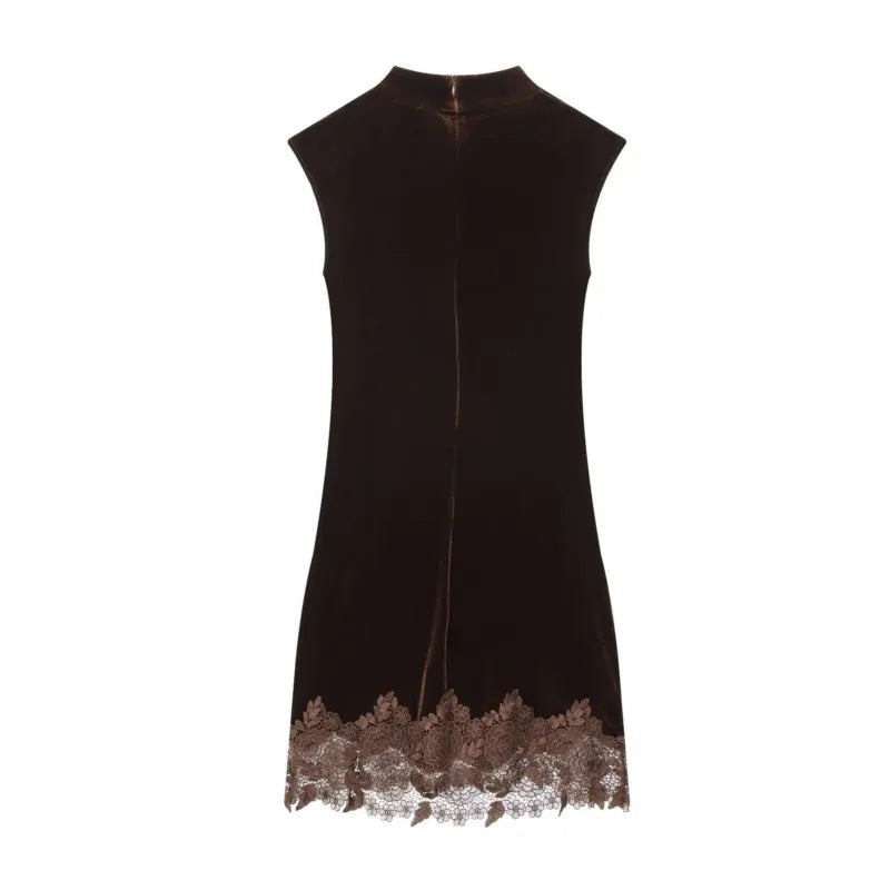 Women Velvet Dress Round Neck Sleeveless Lace Hem Decoration Mini Dresses Female Fashion Slim Elegant Party Dresses